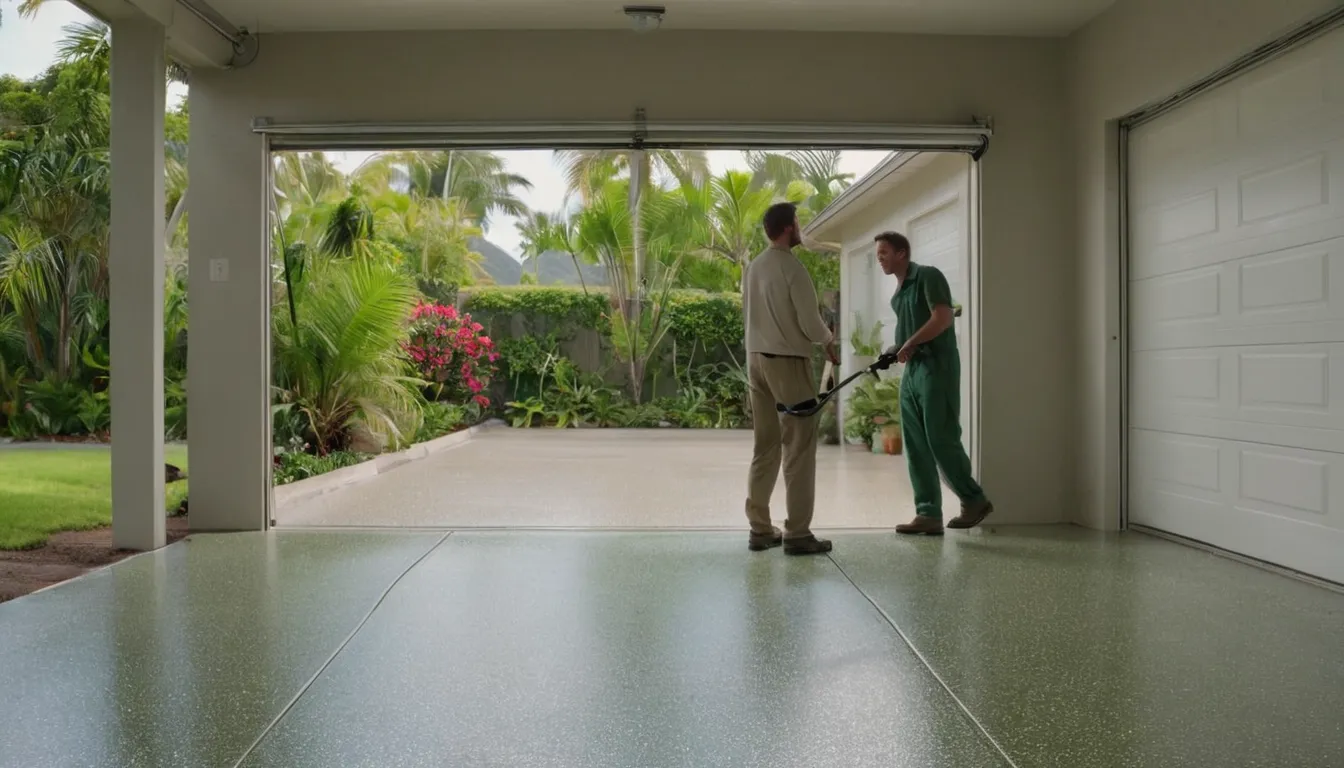 Freshly coated epoxy garage floor with colored flakes in a Delray Beach home, bright and clean