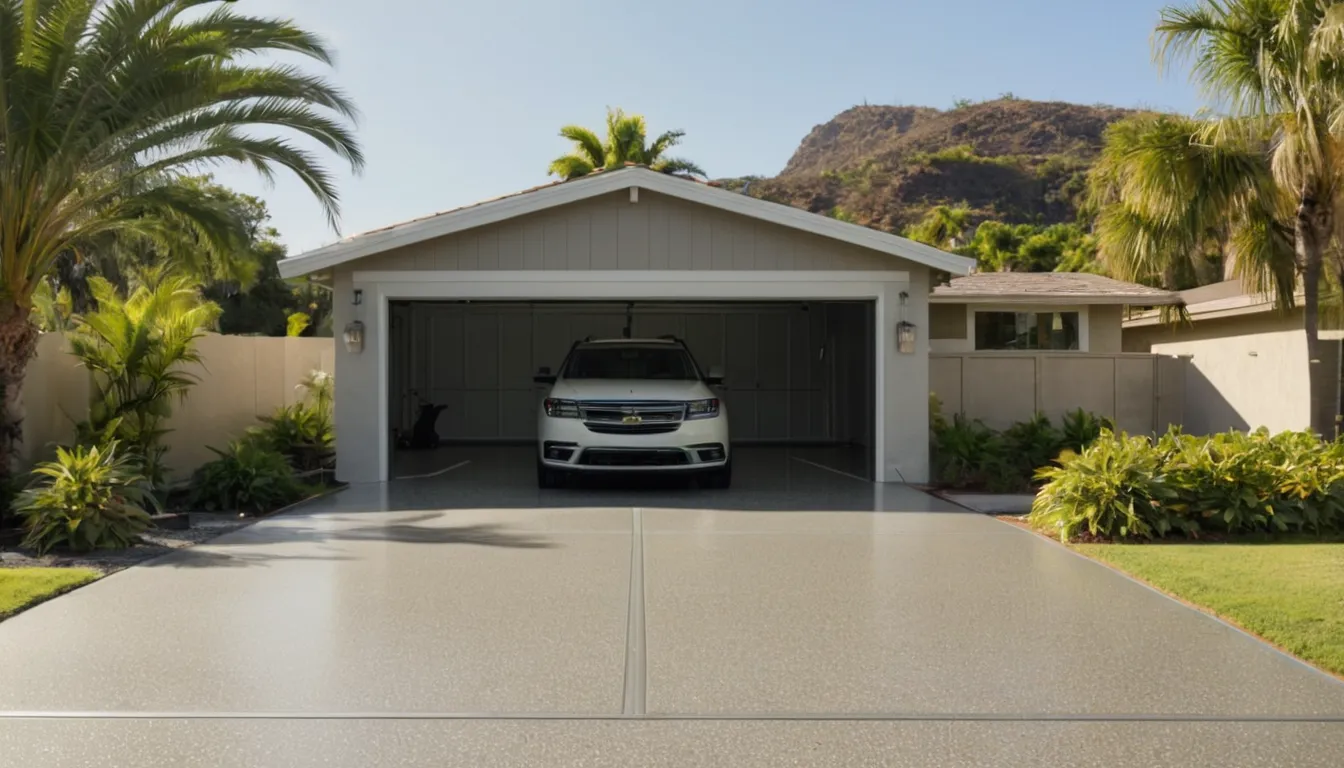 Freshly coated polyaspartic garage floor with a speckled flake finish in a Delray Beach home, near the Delray Beach area